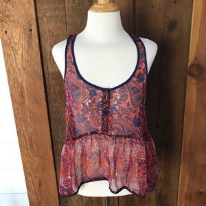 Ecoté Red and Blue Sheer Henley Babydoll Top